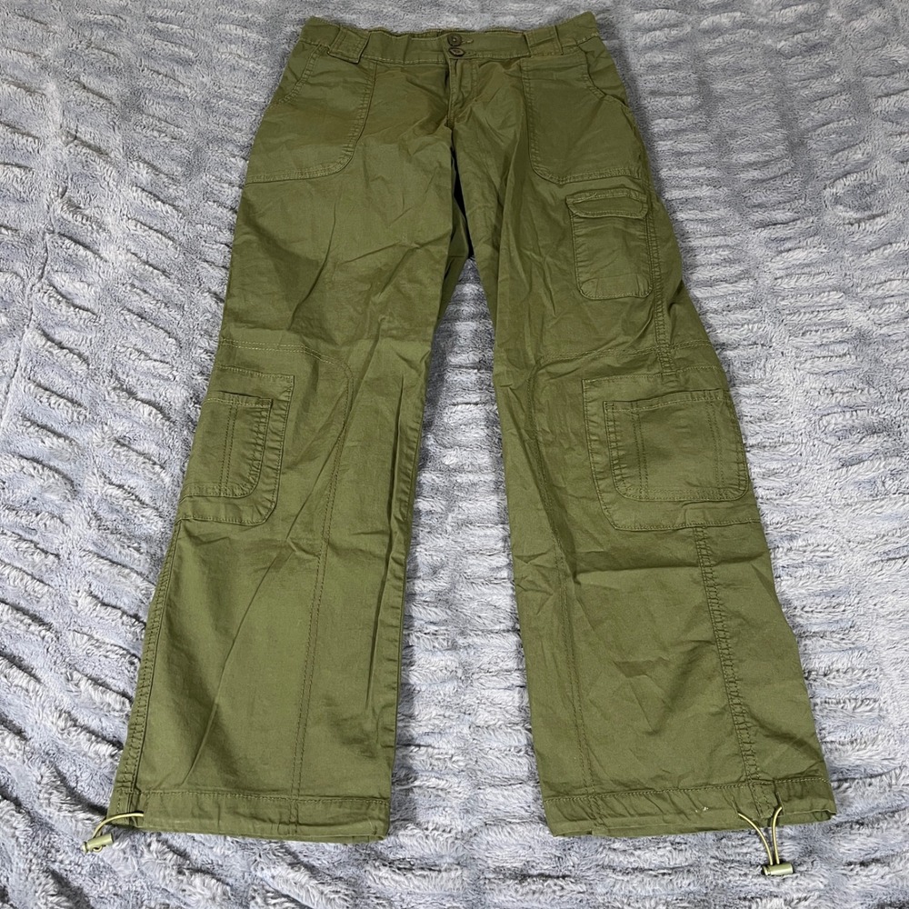 Lovegen Womens Olive Green Cargo Pants Y2K Wide Leg Toggle Hem Size 5/28 AP058